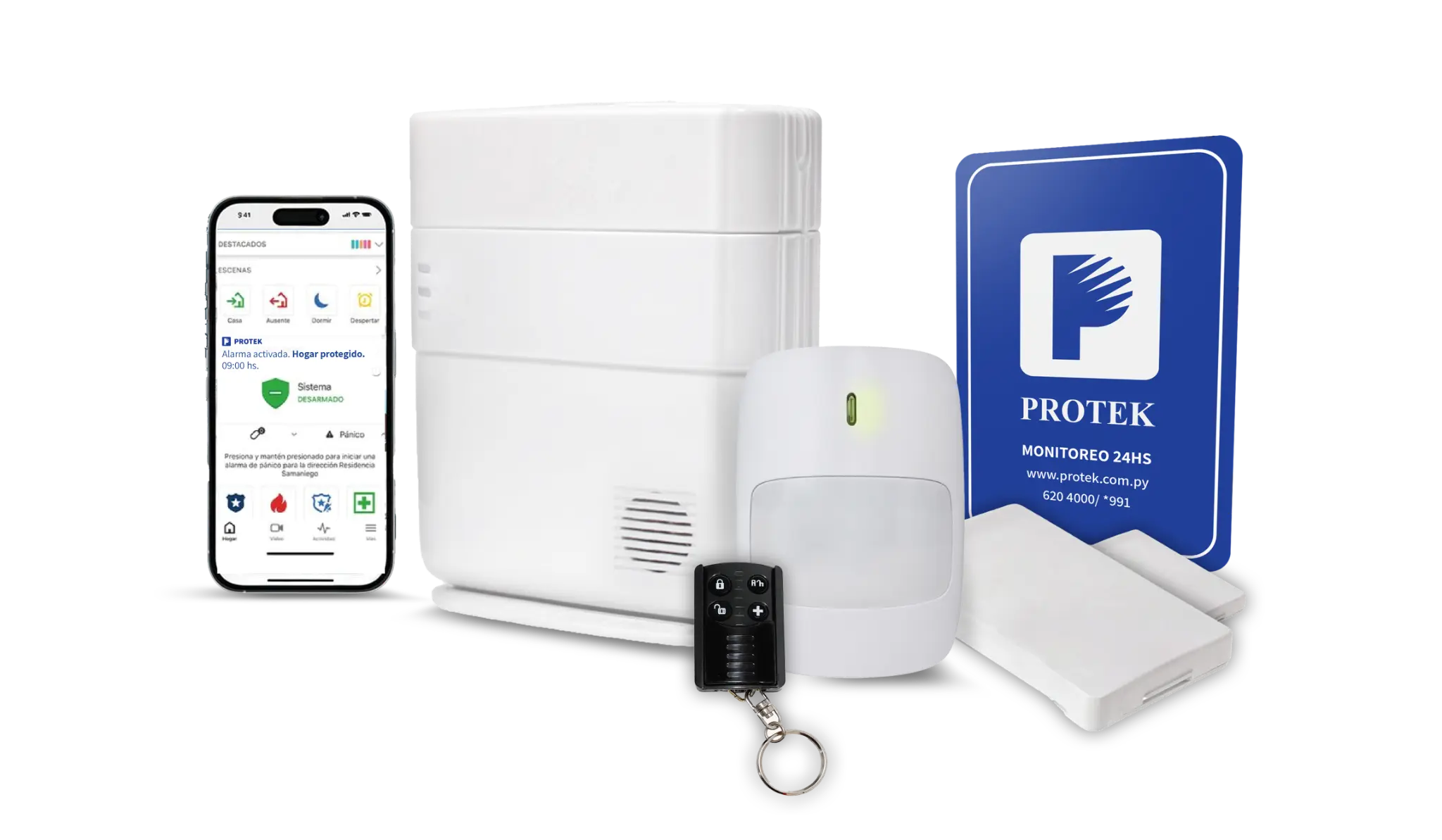 Kit de alarma Protek con central, sensores, control remoto y aplicación móvil