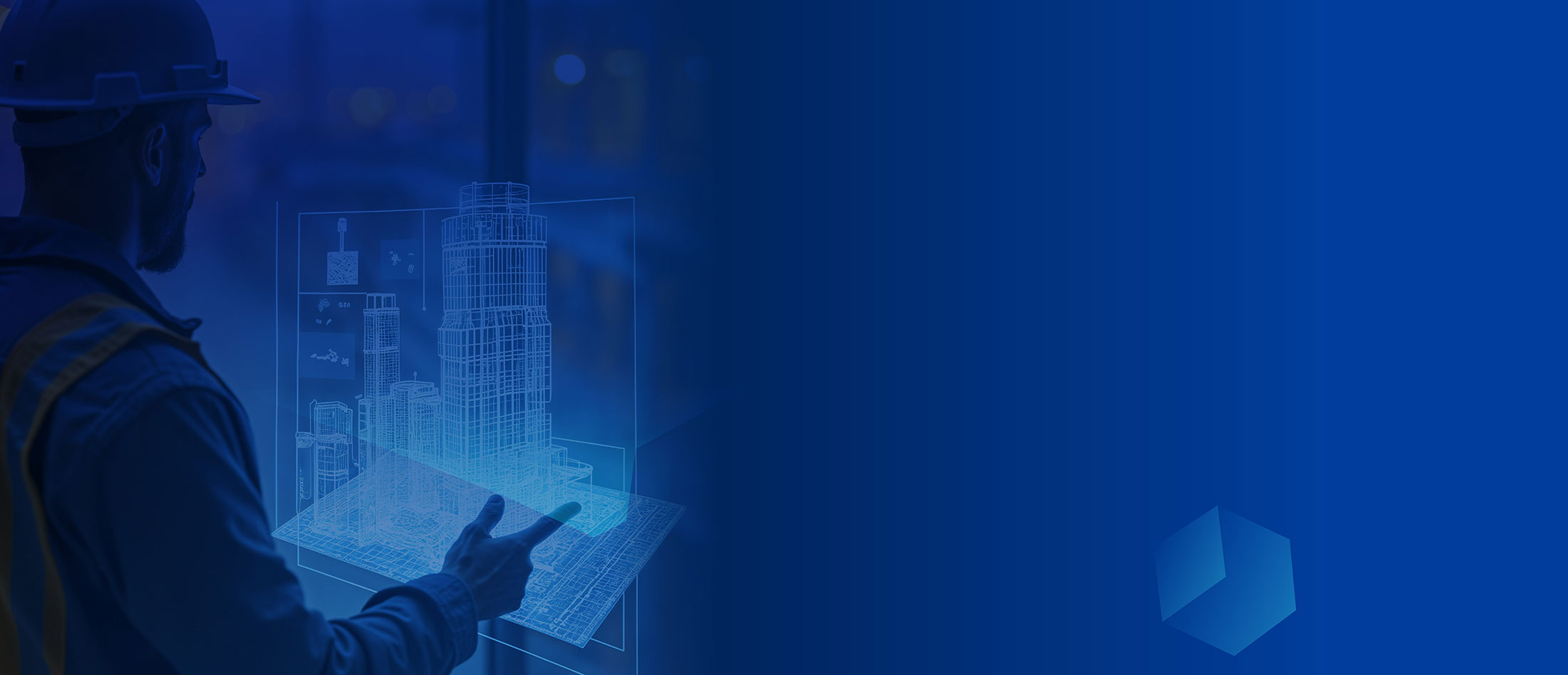 Fondo azul con ingeniero trabajando con holograma de edificio corporativo en transparencia