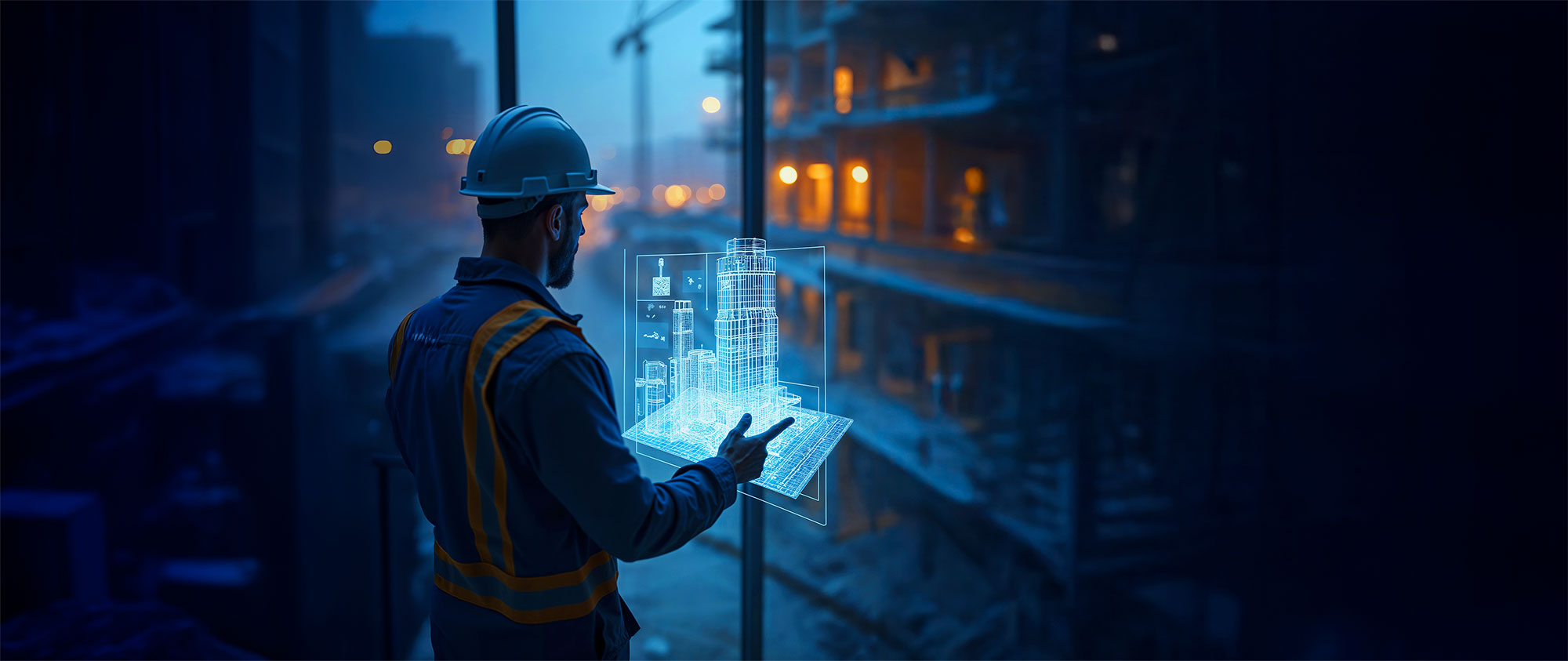 Ingeniero con casco interactuando con lo que parece ser un modelo holográfico de edificios