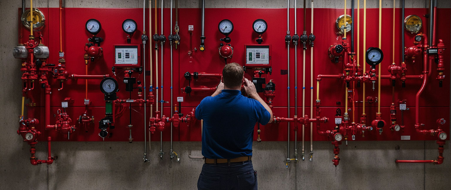 Hombre de espaldas con camisa azul trabajando en compleja instalación de prevención de incendio que cubren toda la pared