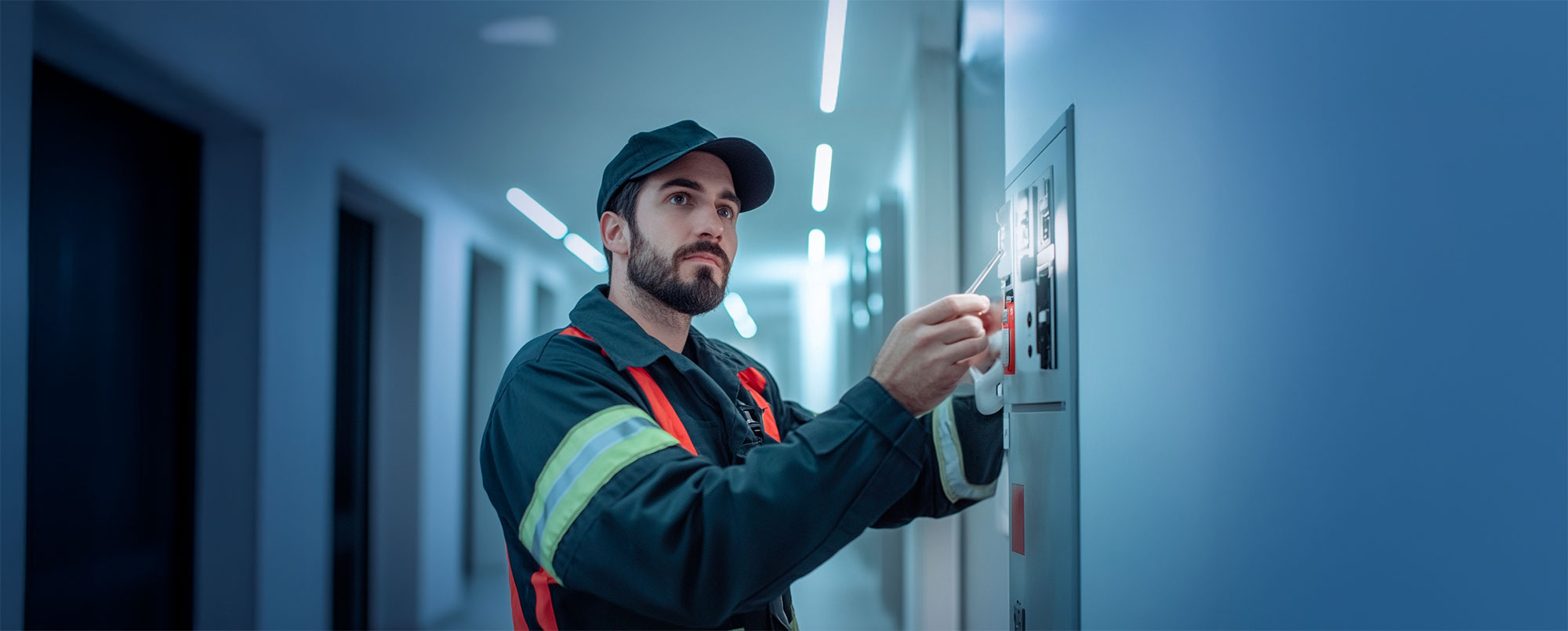 Joven operador de soporte técnico reparando equipo electrónicos colocados en la pared