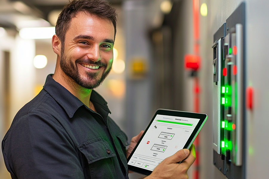 Joven sonriente con tablet en mano junto a panel electrónico ubicado en la pared