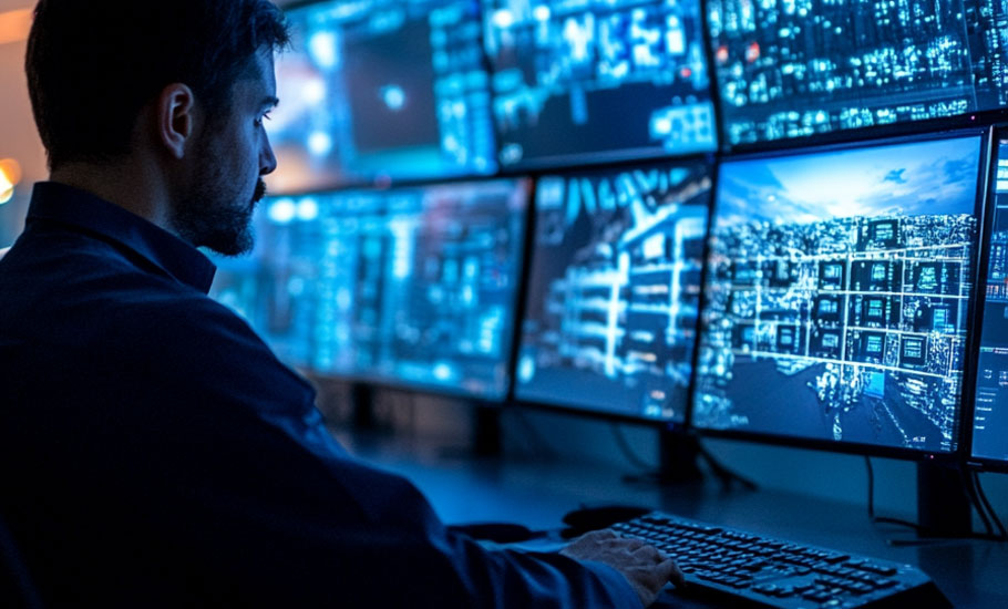 Trabajador de centro de operaciones observando múltiples monitores a la vez