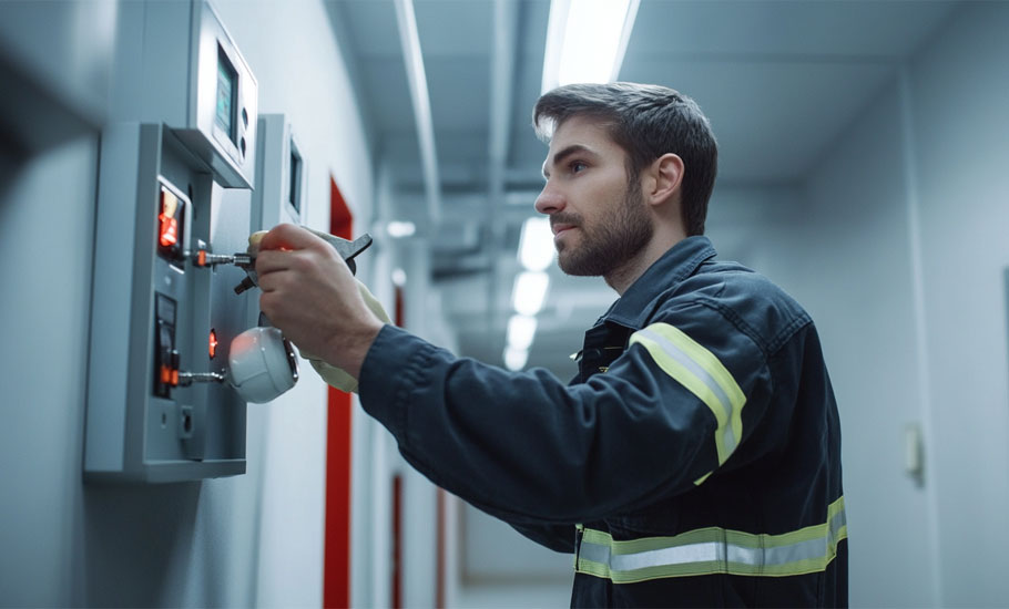 Joven operador de soporte técnico reparando equipo electrónicos colocados en la pared