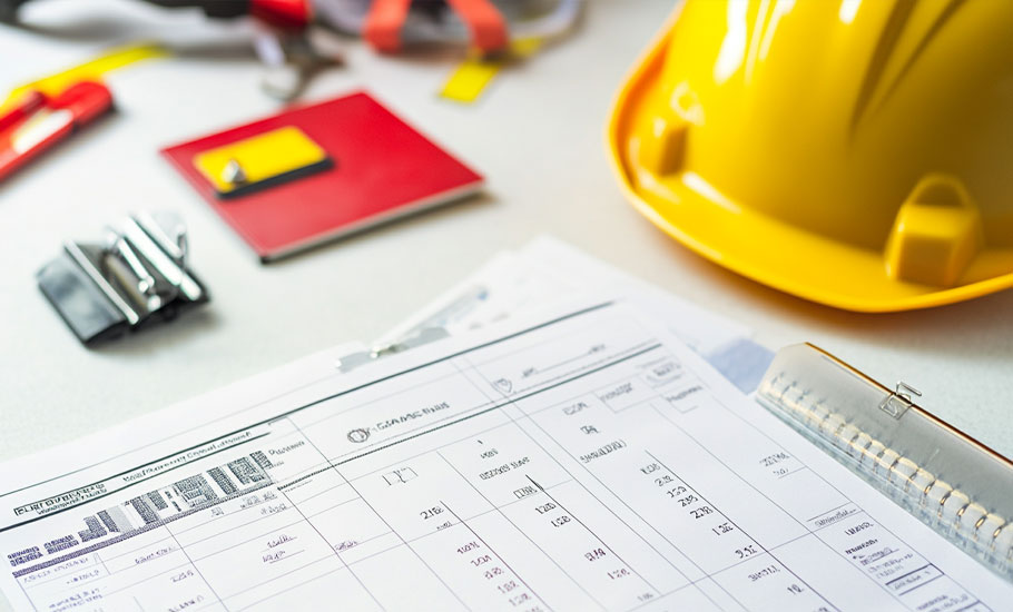 Hojas con anotaciones técnicas sobre construcciones y un casco amarillo de constructor colocados sobre una mesa