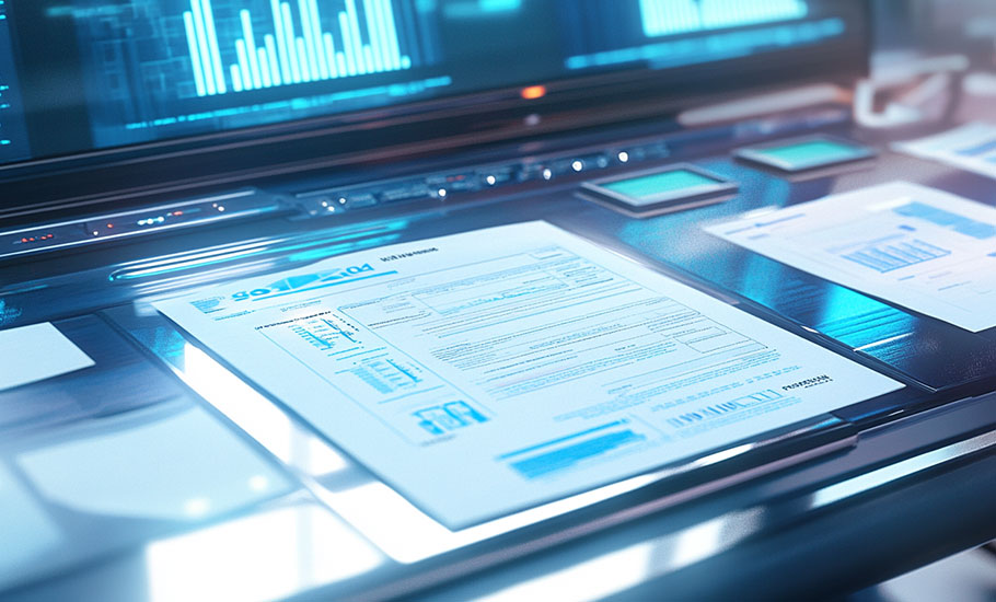 Documentos y hojas de material técnico sobre mesa al lado de monitores con aplicaciones de alta tecnología