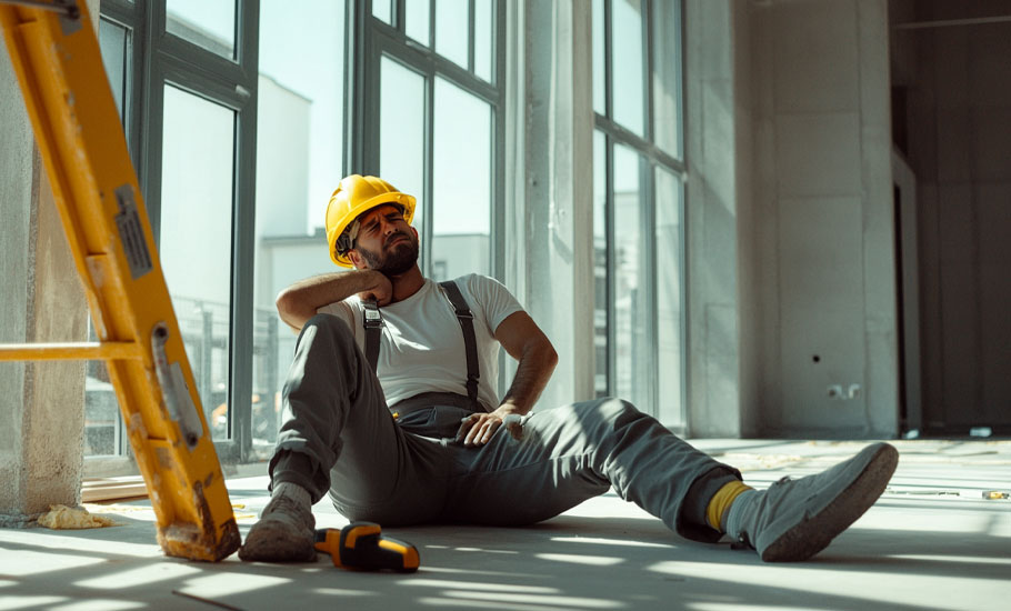 Obrero con casco amarillo adolorido en el piso luego de haber sufrido un accidente laboral