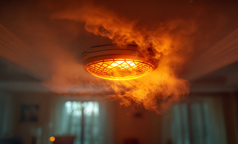 Primer plano de sensor de humo en techo de hogar activándose al detectar humo abundante a su alrededor